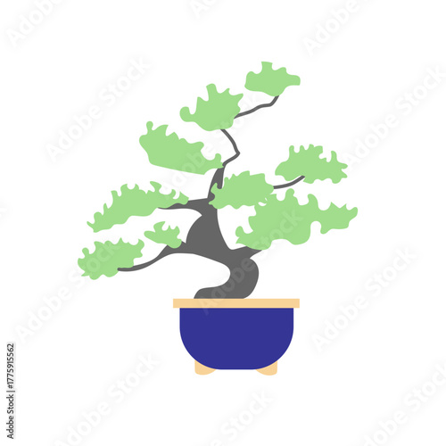 青い鉢に植えられた盆栽のシンプルなベクターイラスト｜和の趣と自然の美しさを感じる静かな雰囲気のデザイン素材