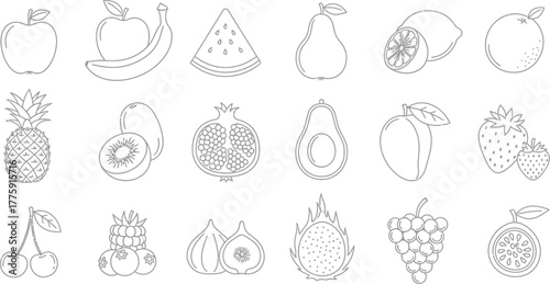 Isolated Fruit Outline Collection, Apple, Banana, Mango, Grapes, Transparent