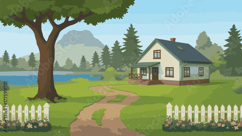 A charming house nestled in a picturesque landscape with a serene lake