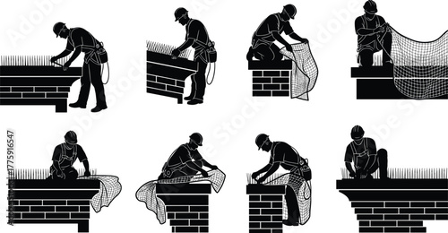 Silhouette vector illustration of workers installing bird spikes and netting on building ledges, safety, maintenance, construction, teamwork, urban environment, and industry