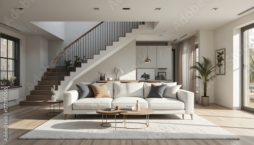 Stylish elegant sofa in minimalist, scandinavian home interior design of modern living room with staircase.