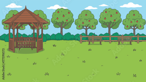 A gazebo and benches in a serene park setting with trees and grass