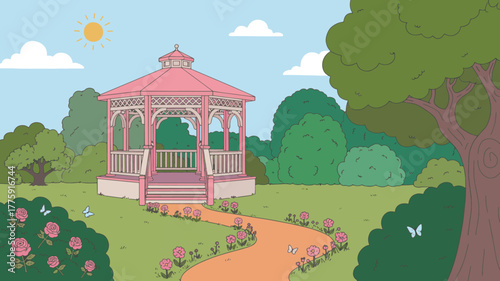 Cartoon gazebo in a park with a path, flowers, and trees on a sunny day