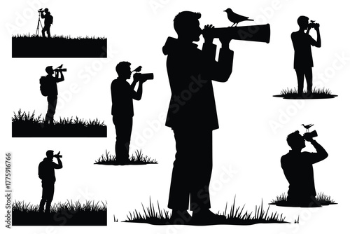 Silhouettes of people with cameras and birds in grass