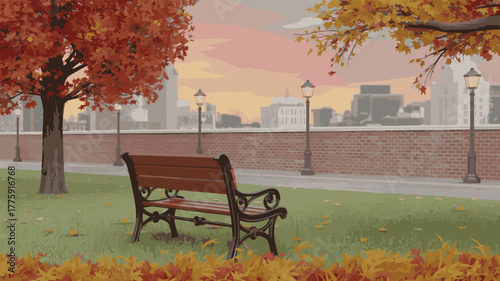 Bench in a park with autumn trees and a city skyline at sunset time