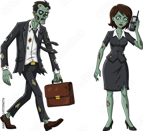 PrintCreepy zombie businessman and businesswoman walking with briefcase and phone, horror undead office workers, scary Halloween cartoon illustration design