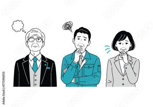 Three professionals thinking deeply pondering ideas and solutions in business scenarios - Flat Vector Illustration. Colored vector illustration
