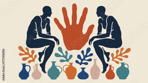 Abstract art illustration with figures, hand, vases