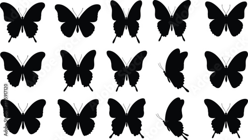 Butterfly silhouette collection, black vector insects arranged in pattern, symmetrical butterfly set design for nature, art, decoration, and beauty themes.