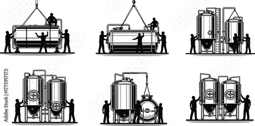 Silhouette vector illustration of workers installing industrial tanks with crane, operating valves, inspecting equipment, teamwork, safety, maintenance, engineering, construction, and industry