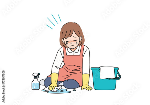 Tired housekeeper sitting after cleaning with spray bottle bucket and cloth - Flat Vector Illustration. Colored vector illustration