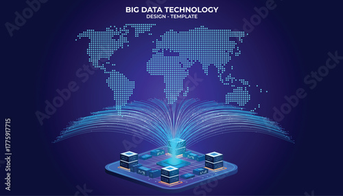 Bright dots form a world map representing countries and regions through different dot patterns. Fiber optic cables or threads establish a connection with the technology world. Vector UI UX. Big data