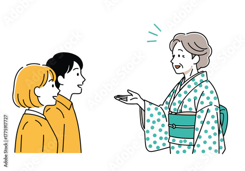Elderly woman in kimono interacts with young couple family conversation scene - Flat Vector Illustration. Colored vector illustration