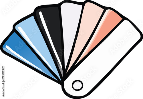Colorful graphic illustration of a fanned-out color swatch deck, presenting various hues and shades for design projects, visual branding, or artistic selection