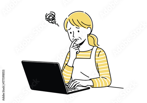 Confused woman working on laptop problem solving thinking frustrated online worried expression digital technology - Flat Vector Illustration. Colored vector illustration
