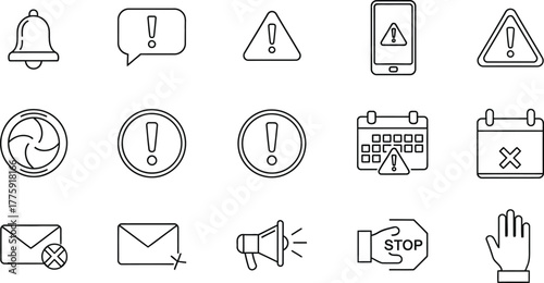 Line Art Alert Icon Set, Bell, Speech Bubble, Warning Sign, Mobile, Calendar, Mail Icon