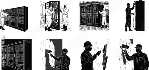 Silhouette vector illustration of workers maintaining server racks, managing cables, plastering walls, drilling panels, teamwork, safety, construction, repair, technology, and industry