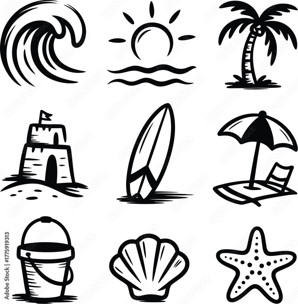 Fototapeta premium Beach icons silhouette Bundle wave palm tree