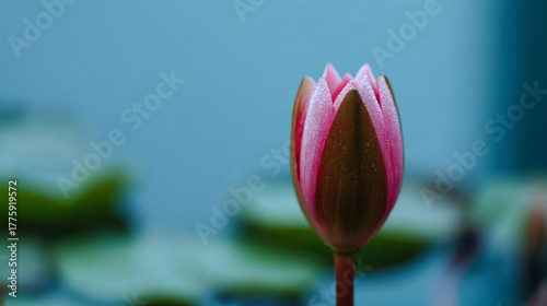 patera. Water lily petals unfolding at dawn with morning dew on serene pond. gardening catalogs, home-decor guides, designed for gardening and botanical catalogs, used by ngo communicators.
