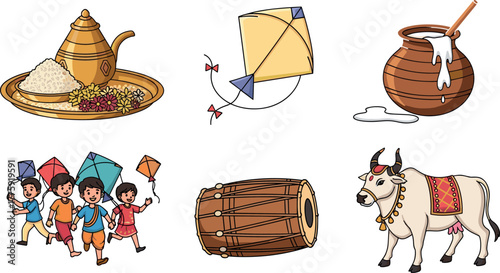 Makar Sankranti Celebration Elements: Kite Flying, Food, Drum, and Cow