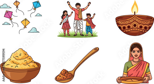 Makar Sankranti Festival Elements: Kites, Family, Diya, Food, and Woman