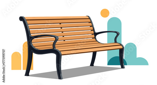 A stylish wooden park bench with black metal frames sits prominently against a clean white background with abstract natural elements.