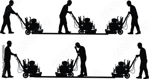 Silhouette vector illustration of workers operating floor grinder machines, polishing surfaces, construction site, teamwork, safety, maintenance, repair, cleaning, and industry
