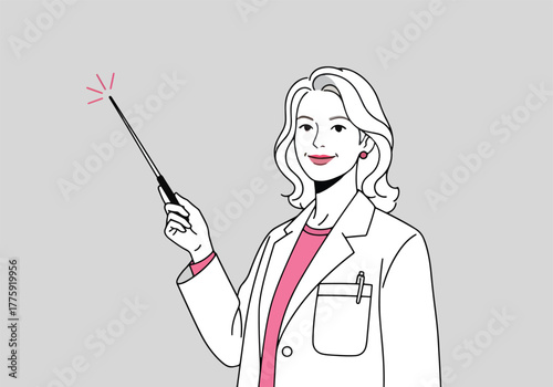 Friendly female doctor in lab coat holding pointer stick presenting information - Flat Vector Illustration. Colored vector illustration