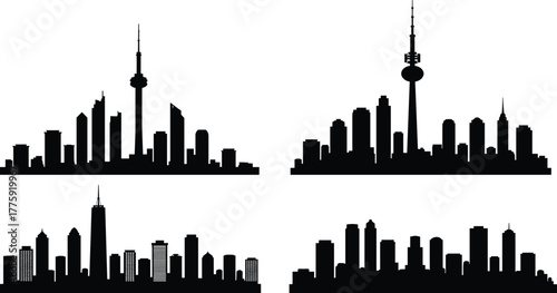 Set of famous world city skylines silhouette including New York, Shanghai, Toronto, and modern urban architecture design vector illustration
