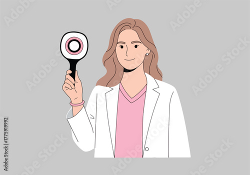 Optometrist examining patient vision with ophthalmoscope medical healthcare professional - Flat Vector Illustration. Colored vector illustration