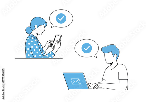 People communicate digitally using mobile phones and laptops with verification icons - Flat Vector Illustration. Colored vector illustration