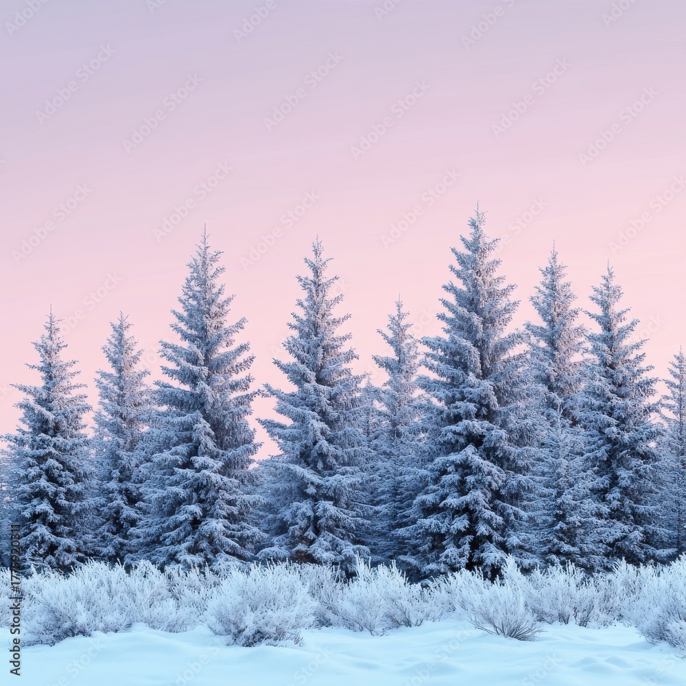 Naklejka premium Winter Wonderland Snow Covered Evergreen Trees and Bushes Under Pastel Pink Sky