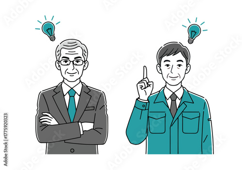 Two men brainstorming ideas together with lightbulbs appearing above their heads - Flat Vector Illustration. Colored vector illustration