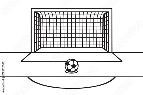 Simple black and white vector illustration of a football on the penalty spot, reflecting focus, determination, and the critical instant in a professional sports competition.