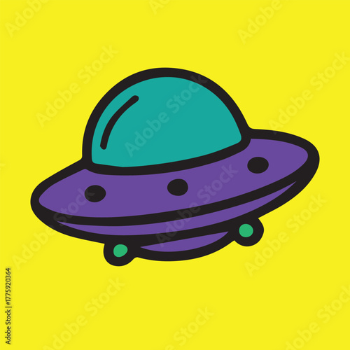 Cute colorful vector of a UFO flying playfully in space, perfect as a sticker, featuring glowing lights, whimsical clouds, and a joyful extraterrestrial theme full of energy and fun.