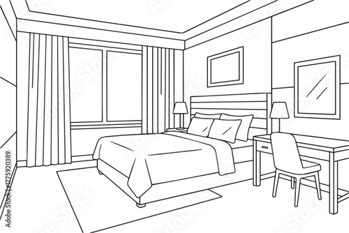 Simple black and white vector design of a cozy hotel bedroom, emphasizing relaxation, peaceful atmosphere, and minimalist decor that enhances calmness and balance.