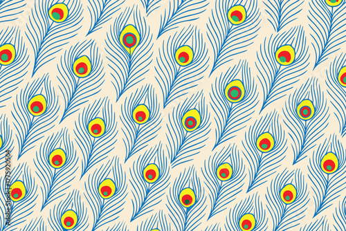 Colorful vector illustration of a peacock feather pattern, combining bright blues, greens, and golds in a repeating decorative motif full of elegance and exotic vibrancy.