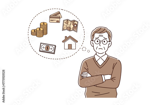 Elderly man contemplating financial investments real estate and savings thought bubble - Flat Vector Illustration. Colored vector illustration