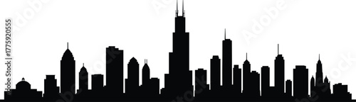 Modern city skyline silhouette with tall skyscrapers, urban architecture design, downtown buildings, and metropolitan skyline view on white background