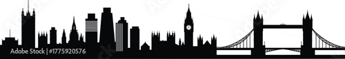 London city skyline silhouette with famous landmarks, Big Ben, Tower Bridge, modern buildings, black cityscape design, urban architecture illustration