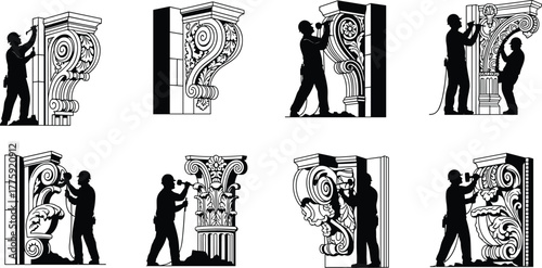 Silhouette vector illustration of workers sculpting classical columns, carving ornate details, architectural design, craftsmanship, construction, repair, restoration, heritage, and industry