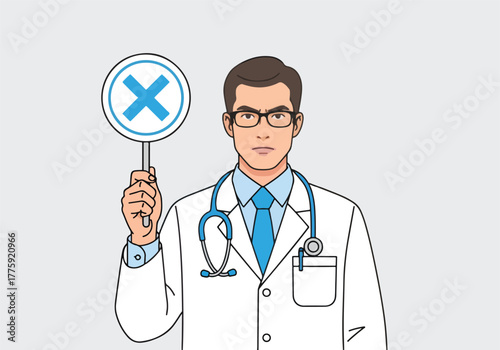 Serious male doctor in white coat holds sign showing crossed out symbol for medical negation - Flat Vector Illustration. Colored vector illustration
