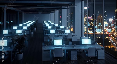 Empty office at night with glowing computer screens and city view