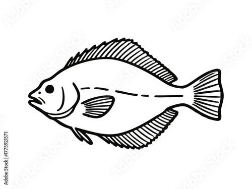 Simple illustration of a flounder. Monochrome. Line art.