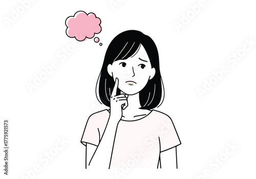 Young woman with pink thought bubble expressing confusion uncertainty or deep consideration - Flat Vector Illustration. Colored vector illustration