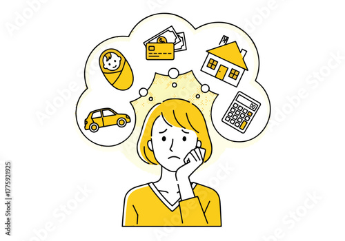 Woman thinking about major life expenses like house car baby and financial planning - Flat Vector Illustration. Colored vector illustration