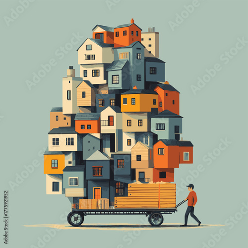 Man pulling cart loaded with many houses urban relocation concept illustration   , vector style simple color