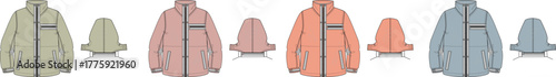 Fashion technical sketch set of a hooded jacket in multiple colorways. Front and back views of casual outerwear apparel mockups