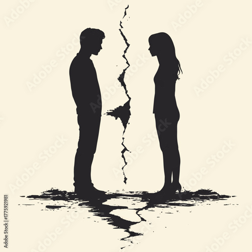 Couple ending relationship heartbreak love symbol broken friendship divorce conflict   , vector style simple color