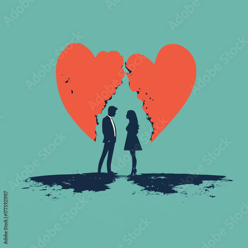 Couple ending relationship heartbreak love symbol broken friendship divorce conflict   , vector style simple color